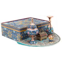 بسته گلدان و شکلات‌خوری مس و پرداز، ترمه ابریشم و هاون