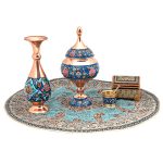 بسته گلدان و شکلات‌خوری مس و پرداز، ترمه ابریشم و هاون
