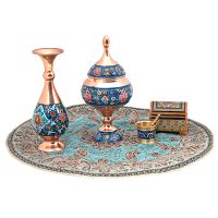 بسته گلدان و شکلات‌خوری مس و پرداز، ترمه ابریشم و هاون